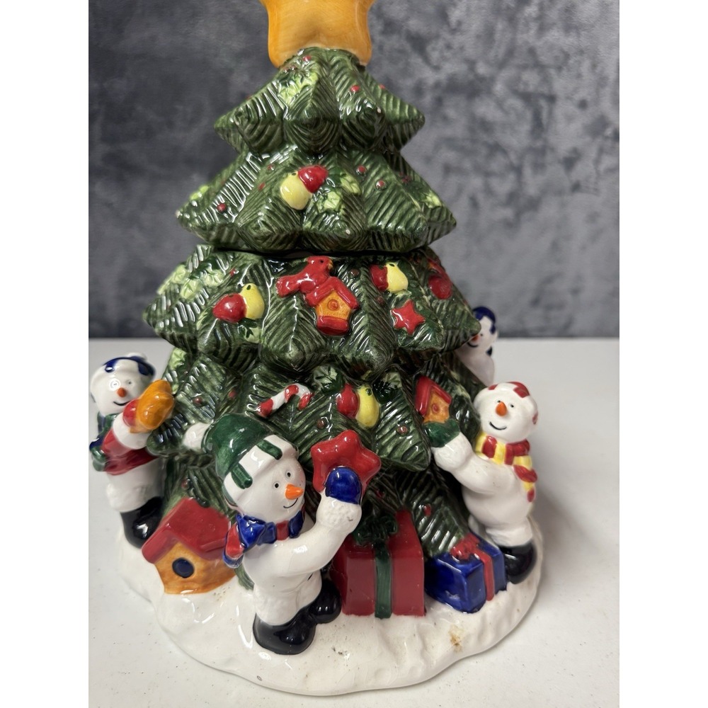 VTG 1990s Home Trends Christmas Tree Cookie Jar Ceramic Snowman Bird Cottagecore - Picture 2 of 8